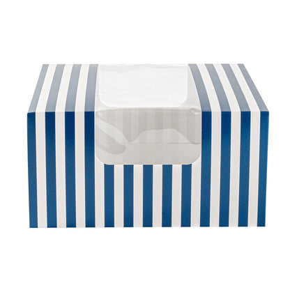 Pastry Tek Blue and White Stripe Paper Pastry / Cake Box - with Window - 6 1/4" x 6 1/4" x 3 1/4" - 100 count box