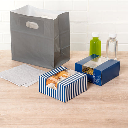 Pastry Tek Blue and White Stripe Paper Pastry / Cake Box - with Window - 6 1/4" x 6 1/4" x 3 1/4" - 100 count box