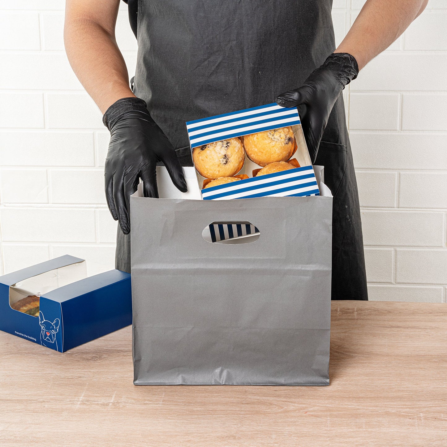Pastry Tek Blue and White Stripe Paper Pastry / Cake Box - with Window - 6 1/4" x 6 1/4" x 3 1/4" - 100 count box