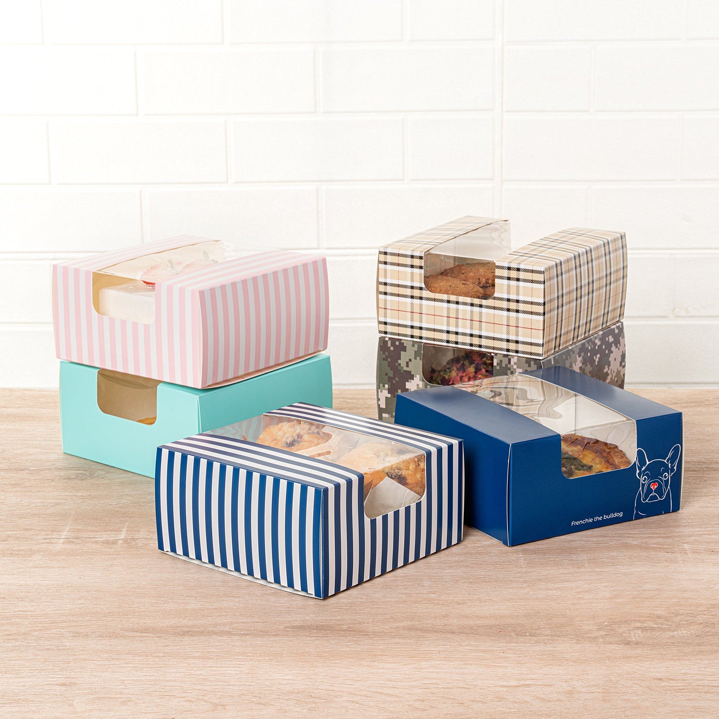 Pastry Tek Blue and White Stripe Paper Pastry / Cake Box - with Window - 6 1/4" x 6 1/4" x 3 1/4" - 100 count box