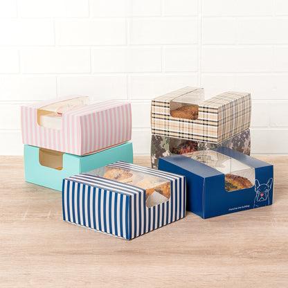 Pastry Tek Blue and White Stripe Paper Pastry / Cake Box - with Window - 6 1/4" x 6 1/4" x 3 1/4" - 100 count box