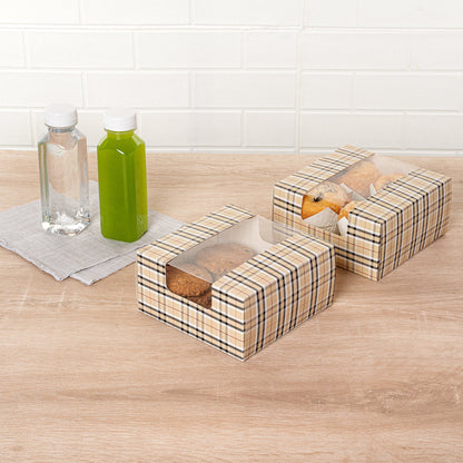 Pastry Tek Plaid Paper Pastry / Cake Box - with Window - 6 1/4" x 6 1/4" x 3 1/4" - 100 count box