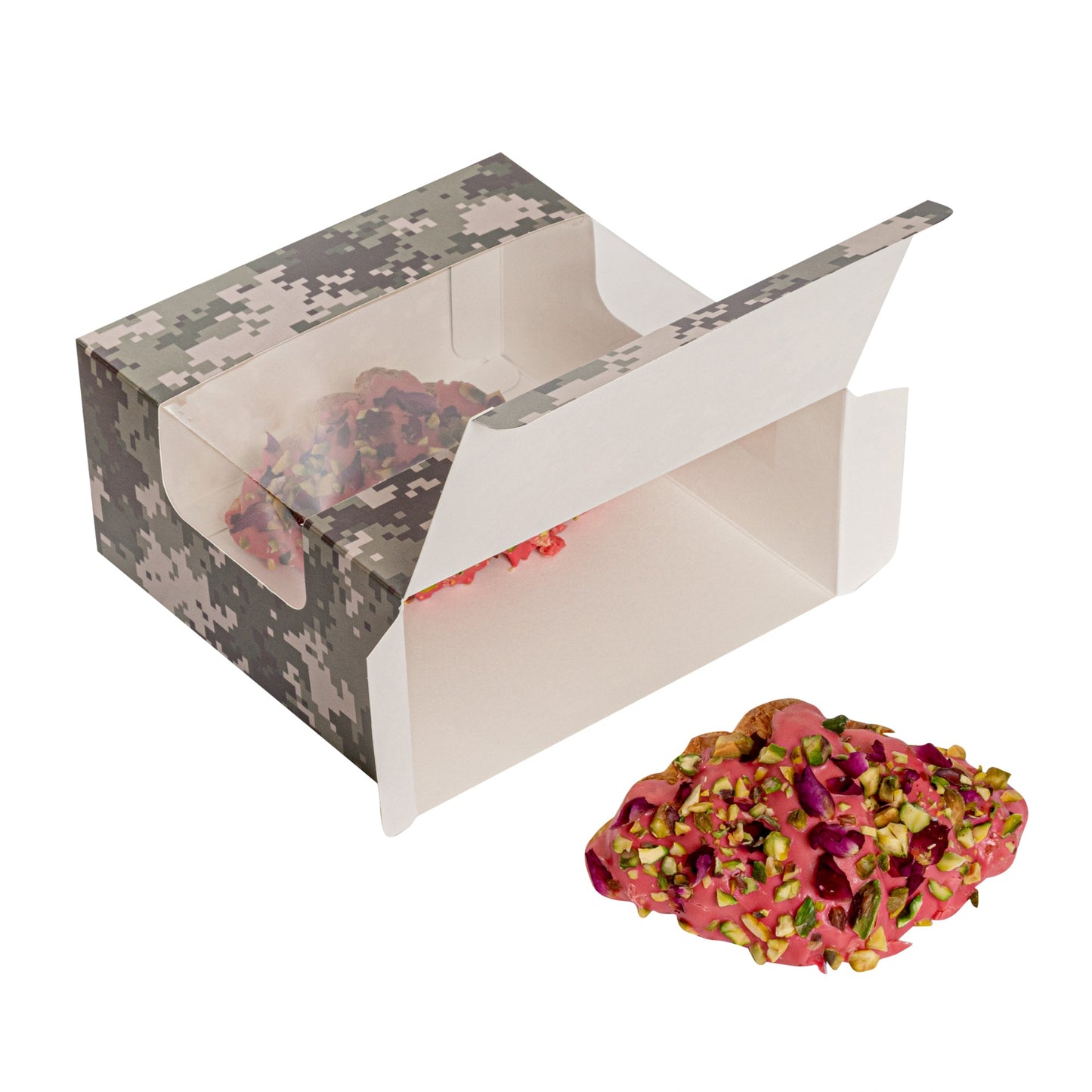Pastry Tek Camouflage Paper Pastry / Cake Box - with Window - 6 1/4" x 6 1/4" x 3 1/4" - 100 count box