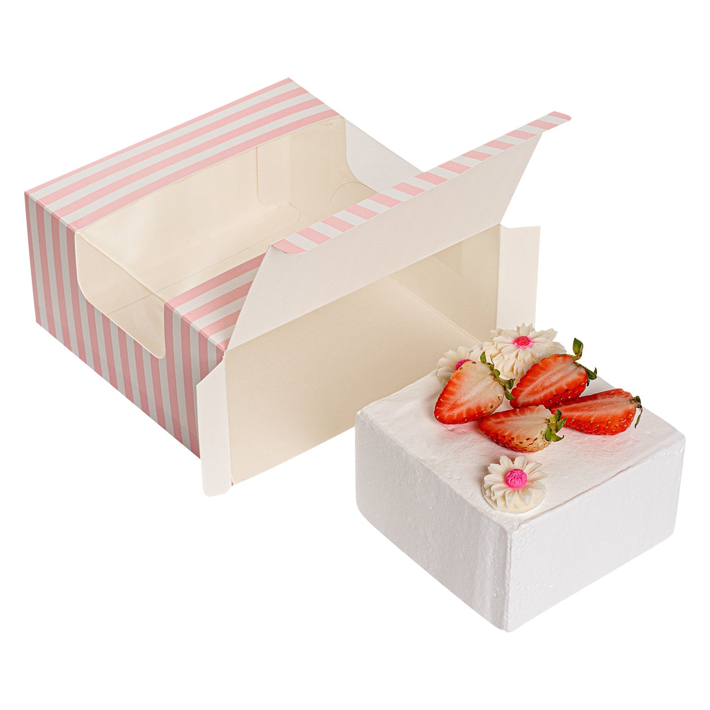 Pastry Tek Pink and White Stripe Paper Pastry / Cake Box - with Window - 6 1/4" x 6 1/4" x 3 1/4"- 100 count box