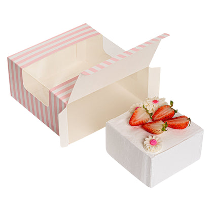 Pastry Tek Pink and White Stripe Paper Pastry / Cake Box - with Window - 6 1/4" x 6 1/4" x 3 1/4"- 100 count box