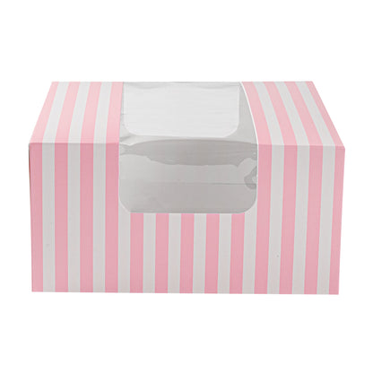Pastry Tek Pink and White Stripe Paper Pastry / Cake Box - with Window - 6 1/4" x 6 1/4" x 3 1/4"- 100 count box
