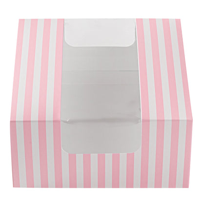 Pastry Tek Pink and White Stripe Paper Pastry / Cake Box - with Window - 6 1/4" x 6 1/4" x 3 1/4"- 100 count box
