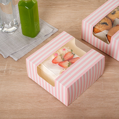 Pastry Tek Pink and White Stripe Paper Pastry / Cake Box - with Window - 6 1/4" x 6 1/4" x 3 1/4"- 100 count box