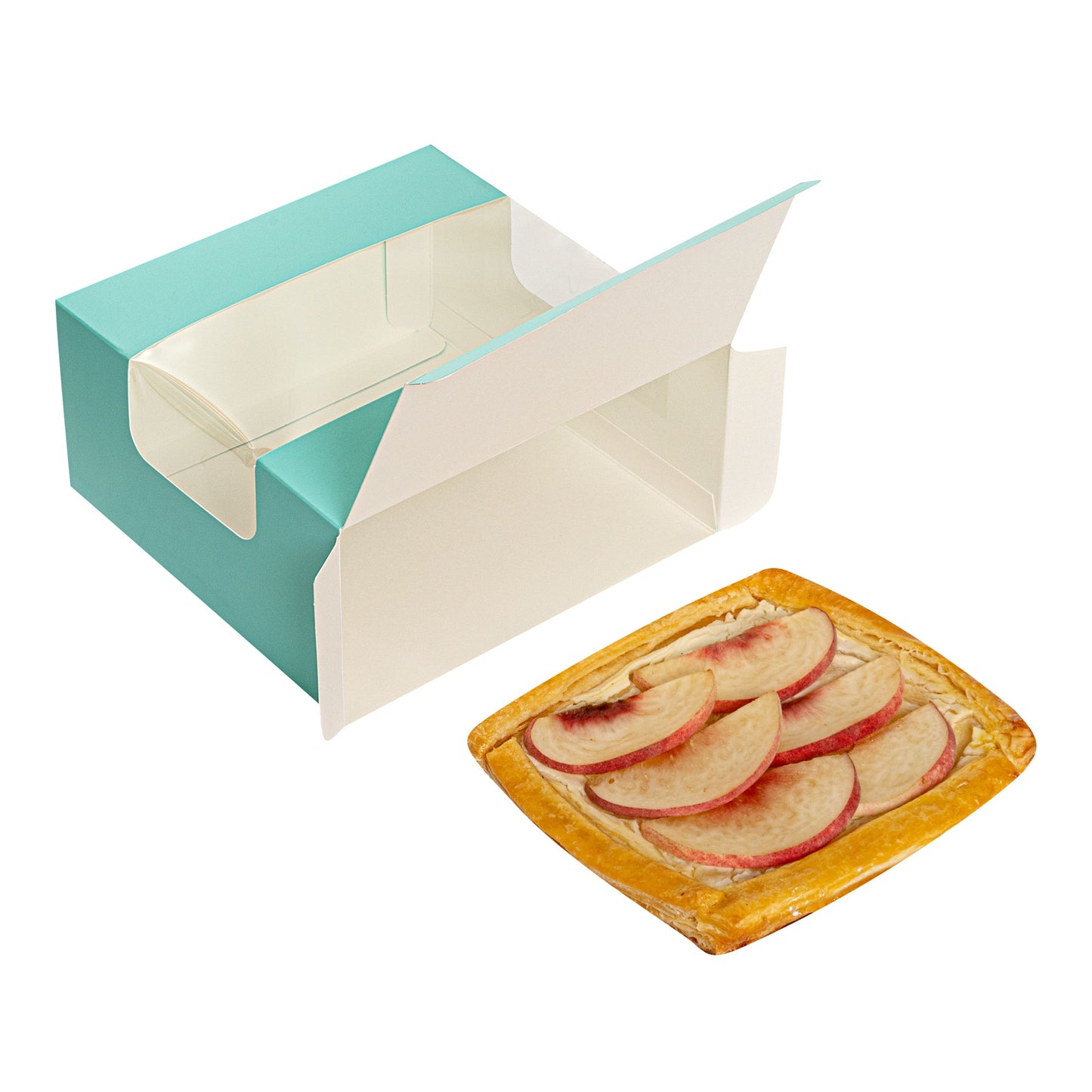 Pastry Tek Turquoise Paper Pastry / Cake Box - with Window - 6 1/4" x 6 1/4" x 3 1/4" - 100 count box