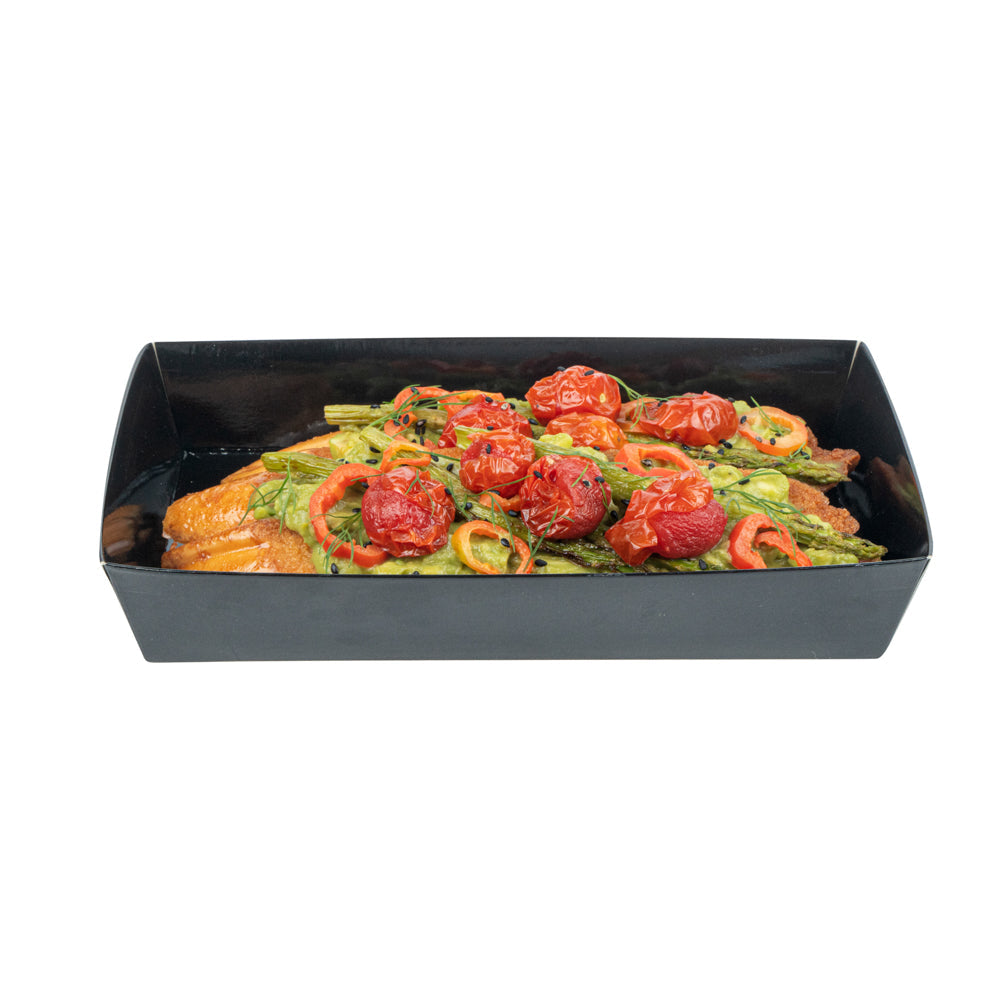 Matsuri Vision Rectangle Black Paper Medium Sushi Tray - 8" x 5" x 1 1/2" - 100 count box