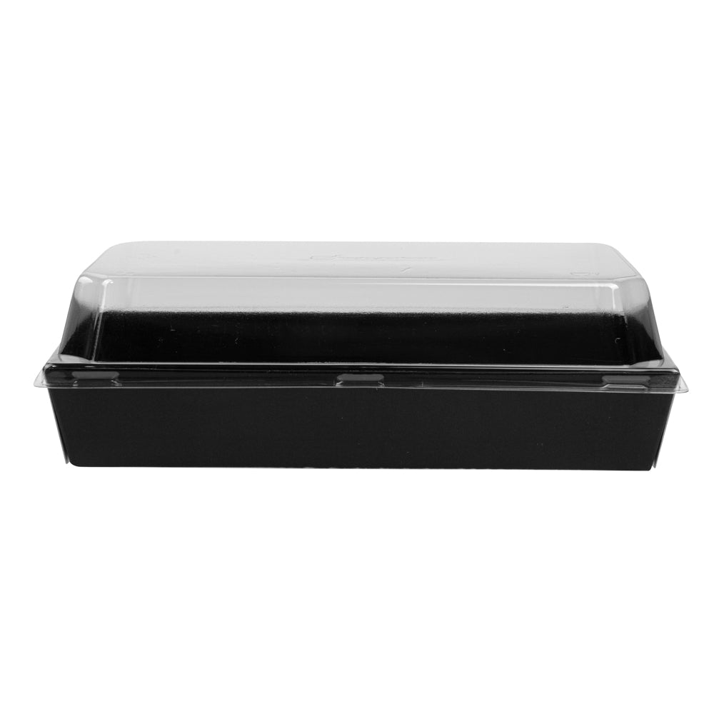 Matsuri Vision Rectangle Black Paper Medium Sushi Tray - 8" x 5" x 1 1/2" - 100 count box