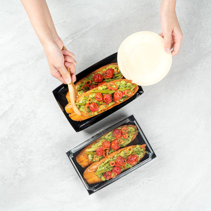 Matsuri Vision Rectangle Black Paper Medium Sushi Tray - 8" x 5" x 1 1/2" - 100 count box