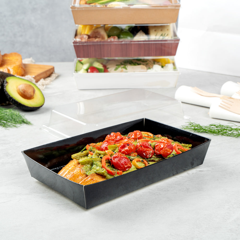 Matsuri Vision Rectangle Black Paper Medium Sushi Tray - 8" x 5" x 1 1/2" - 100 count box