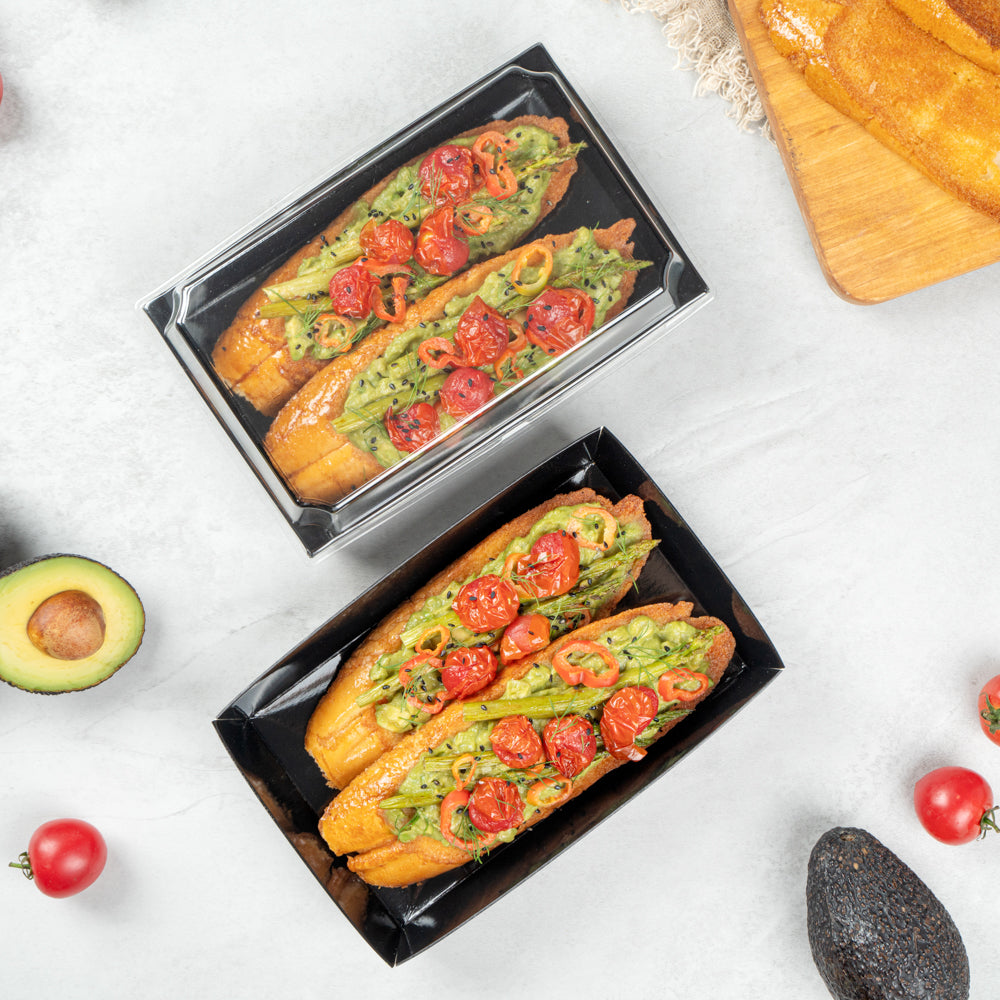 Matsuri Vision Rectangle Black Paper Medium Sushi Tray - 8" x 5" x 1 1/2" - 100 count box