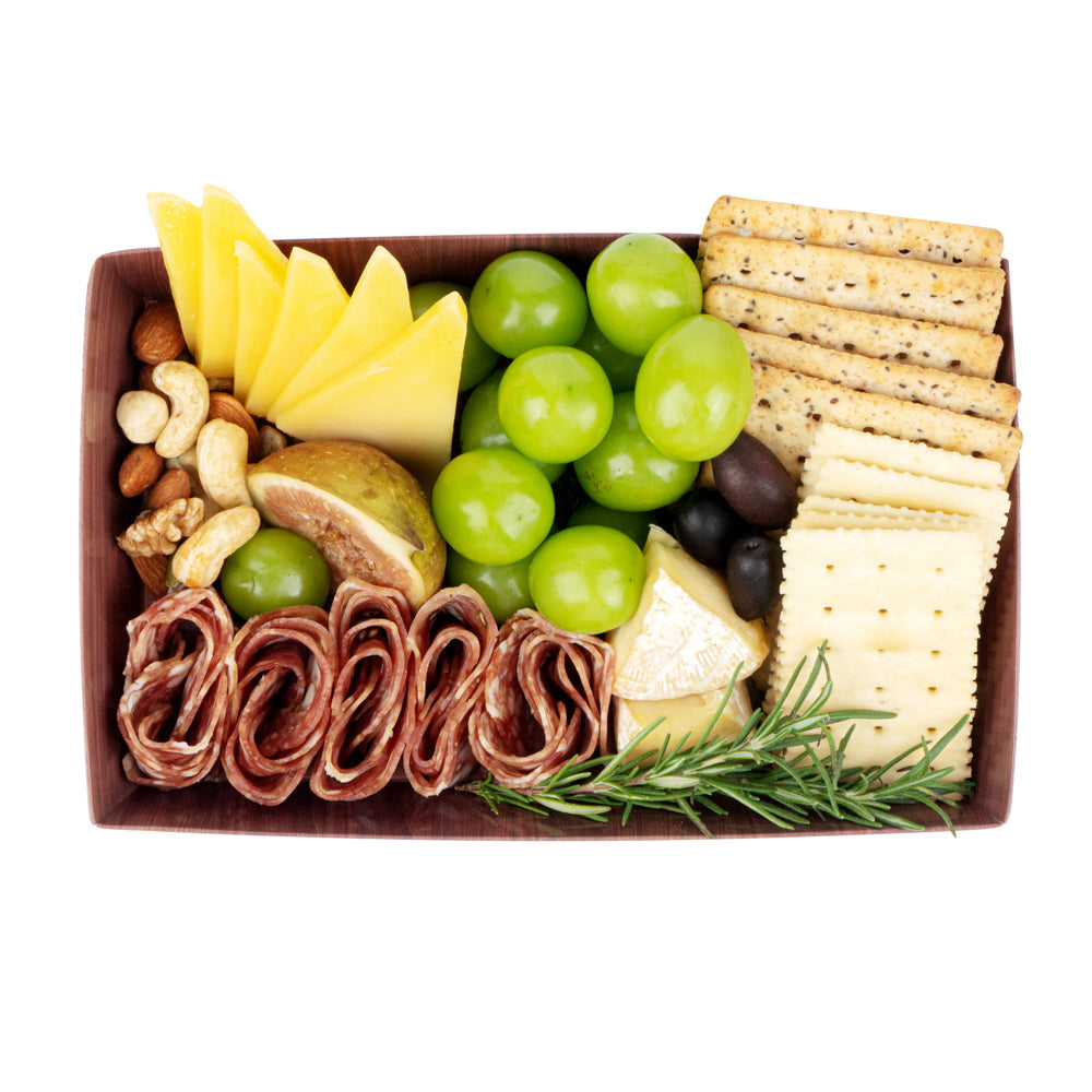 Matsuri Vision Rectangle Wood Grain Paper Medium Sushi Tray - 8" x 5" x 1 1/2" - 100 count box