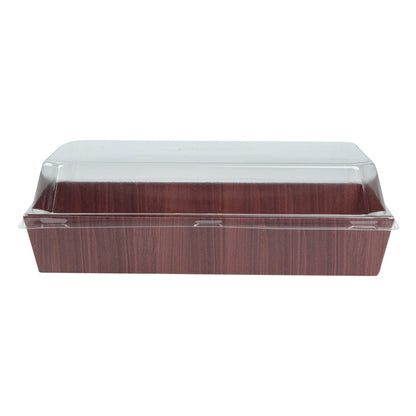 Matsuri Vision Rectangle Wood Grain Paper Medium Sushi Tray - 8" x 5" x 1 1/2" - 100 count box
