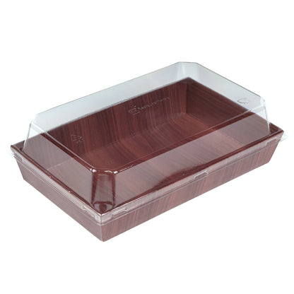 Matsuri Vision Rectangle Wood Grain Paper Medium Sushi Tray - 8" x 5" x 1 1/2" - 100 count box