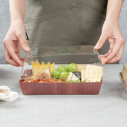 Matsuri Vision Rectangle Wood Grain Paper Medium Sushi Tray - 8" x 5" x 1 1/2" - 100 count box