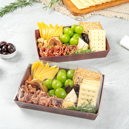Matsuri Vision Rectangle Wood Grain Paper Medium Sushi Tray - 8" x 5" x 1 1/2" - 100 count box