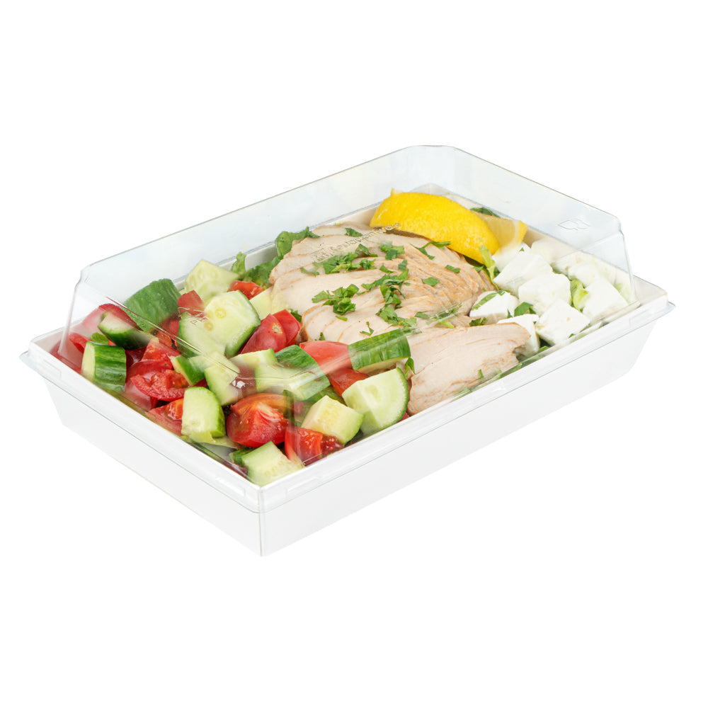 Matsuri Vision Rectangle White Paper Medium Sushi Tray - 8" x 5" x 1 1/2" - 100 count box