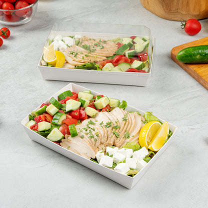 Matsuri Vision Rectangle White Paper Medium Sushi Tray - 8" x 5" x 1 1/2" - 100 count box