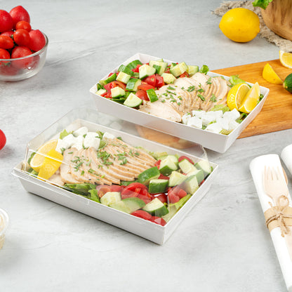 Matsuri Vision Rectangle White Paper Medium Sushi Tray - 8" x 5" x 1 1/2" - 100 count box