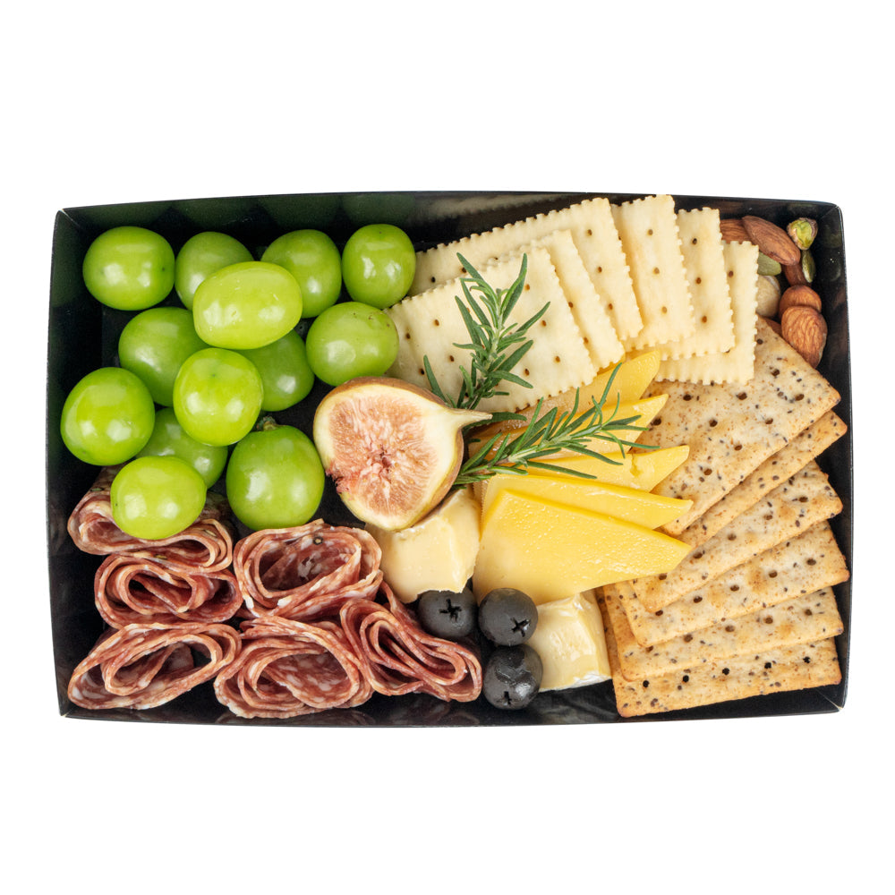 Matsuri Vision Rectangle Black Paper Large Sushi Tray - 9" x 6" x 1 1/2" - 100 count box