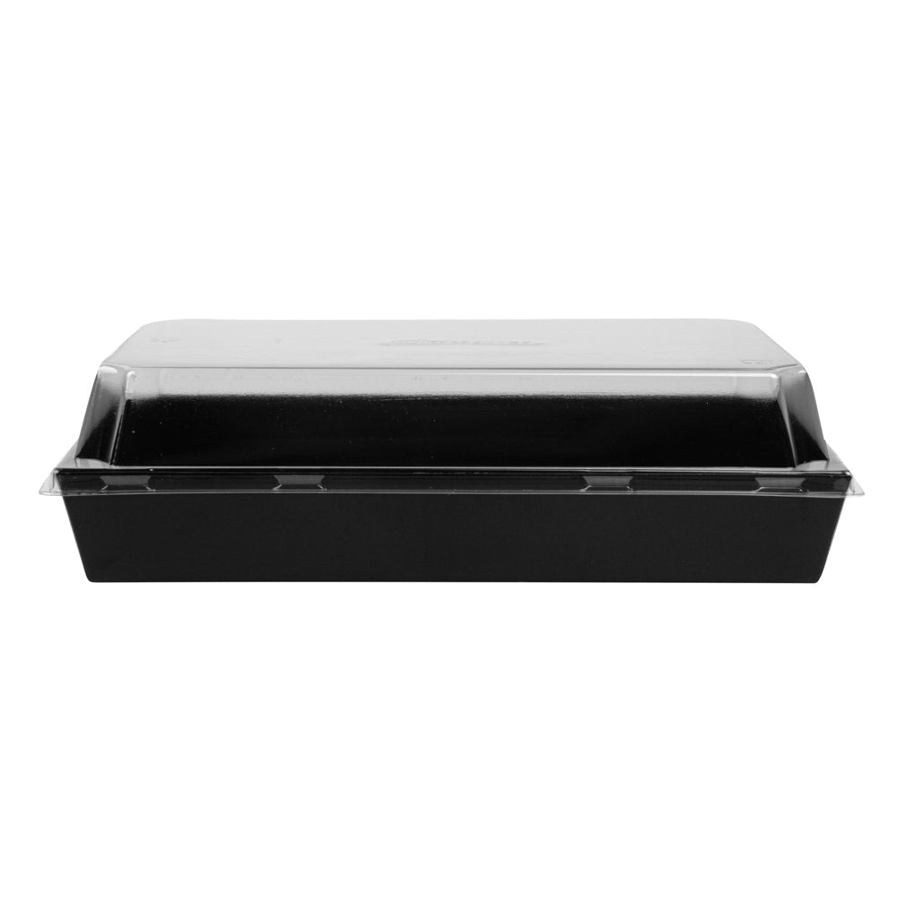 Matsuri Vision Rectangle Black Paper Large Sushi Tray - 9" x 6" x 1 1/2" - 100 count box