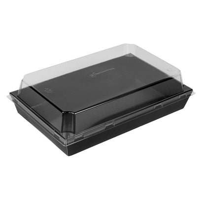Matsuri Vision Rectangle Black Paper Large Sushi Tray - 9" x 6" x 1 1/2" - 100 count box