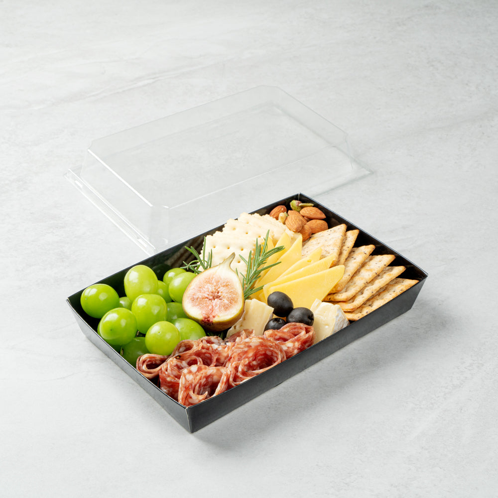 Matsuri Vision Rectangle Black Paper Large Sushi Tray - 9" x 6" x 1 1/2" - 100 count box