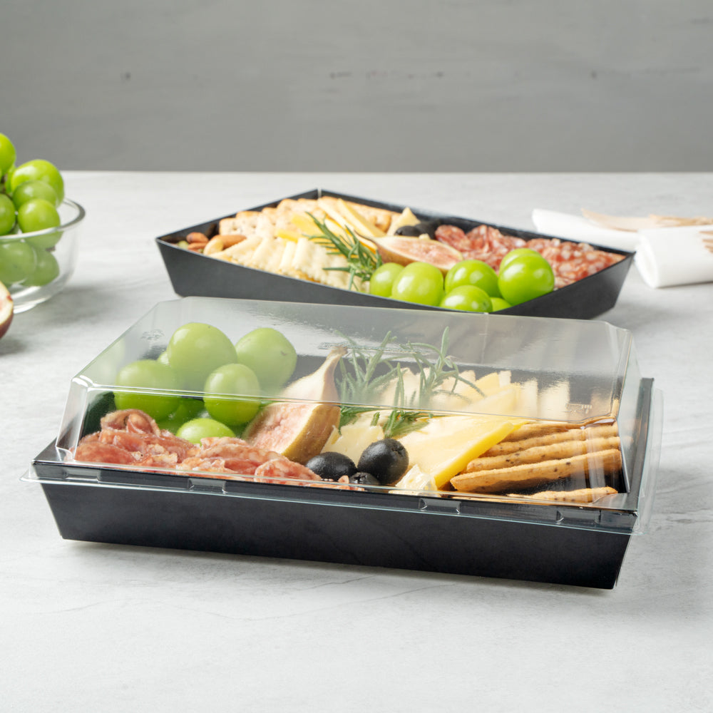 Matsuri Vision Rectangle Black Paper Large Sushi Tray - 9" x 6" x 1 1/2" - 100 count box