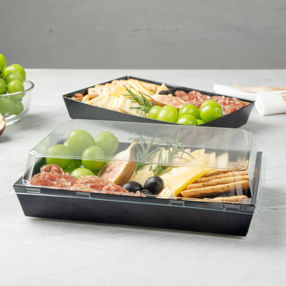 Matsuri Vision Rectangle Black Paper Large Sushi Tray - 9" x 6" x 1 1/2" - 100 count box