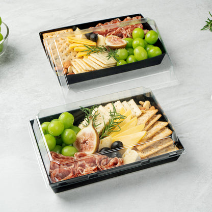 Matsuri Vision Rectangle Black Paper Large Sushi Tray - 9" x 6" x 1 1/2" - 100 count box