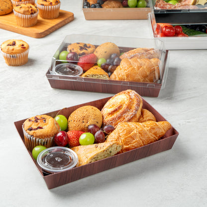 Matsuri Vision Rectangle Wood Grain Paper Large Sushi Tray - 9" x 6" x 1 1/2" - 100 count box