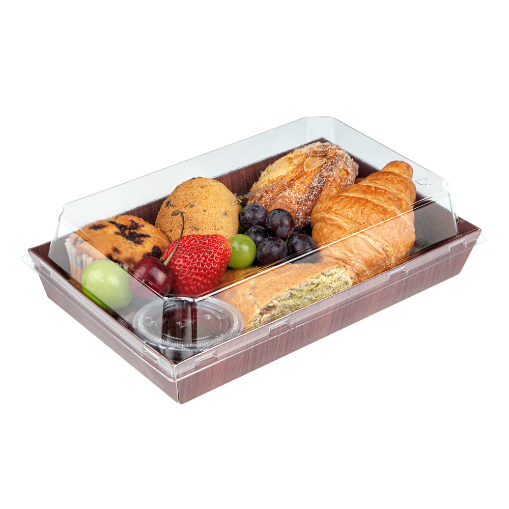 Matsuri Vision Rectangle Wood Grain Paper Large Sushi Tray - 9" x 6" x 1 1/2" - 100 count box