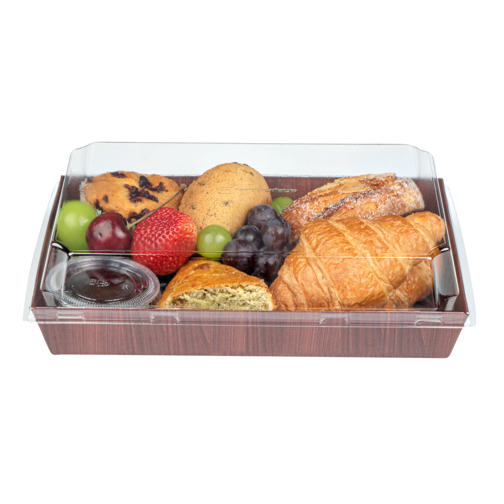 Matsuri Vision Rectangle Wood Grain Paper Large Sushi Tray - 9" x 6" x 1 1/2" - 100 count box
