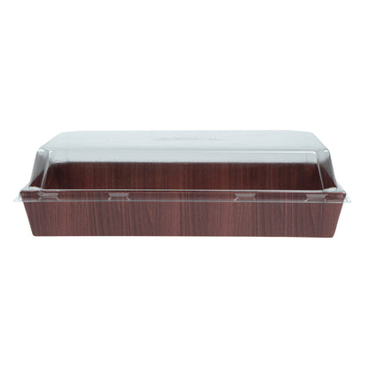 Matsuri Vision Rectangle Wood Grain Paper Large Sushi Tray - 9" x 6" x 1 1/2" - 100 count box
