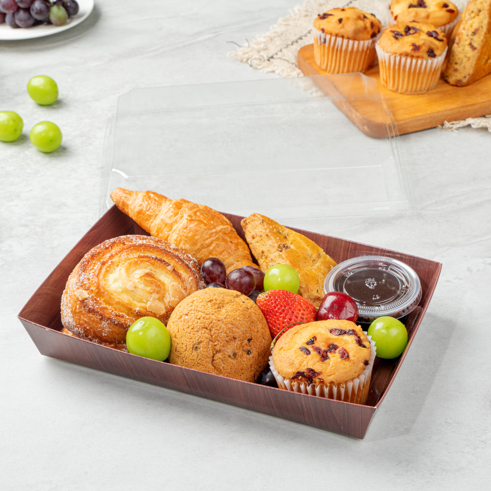 Matsuri Vision Rectangle Wood Grain Paper Large Sushi Tray - 9" x 6" x 1 1/2" - 100 count box