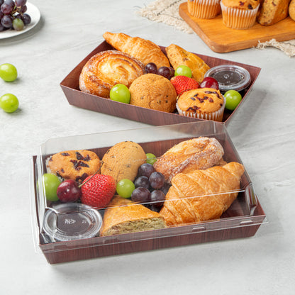 Matsuri Vision Rectangle Wood Grain Paper Large Sushi Tray - 9" x 6" x 1 1/2" - 100 count box