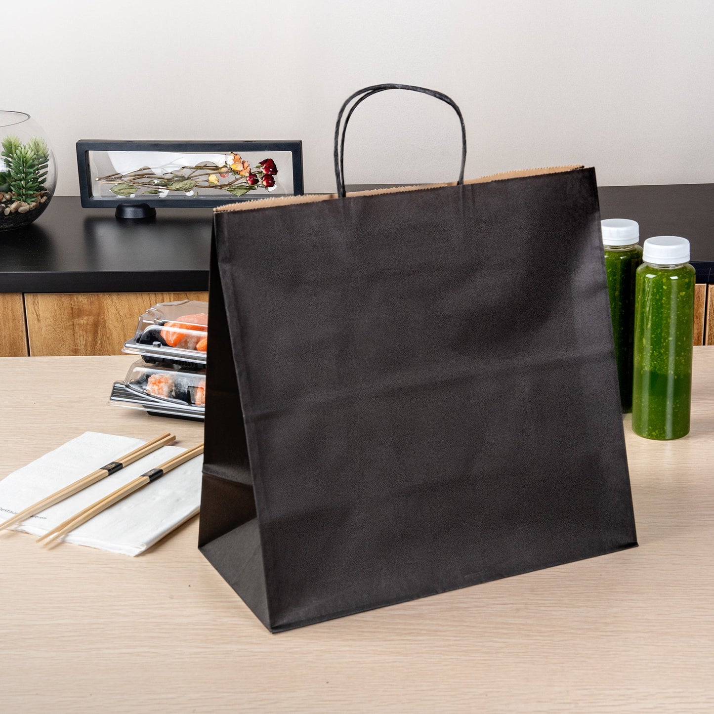 Saving Nature Black Paper Retail Bag - with Handles - 12 1/2" x 6 1/4" x 12 1/4" - 100 count box