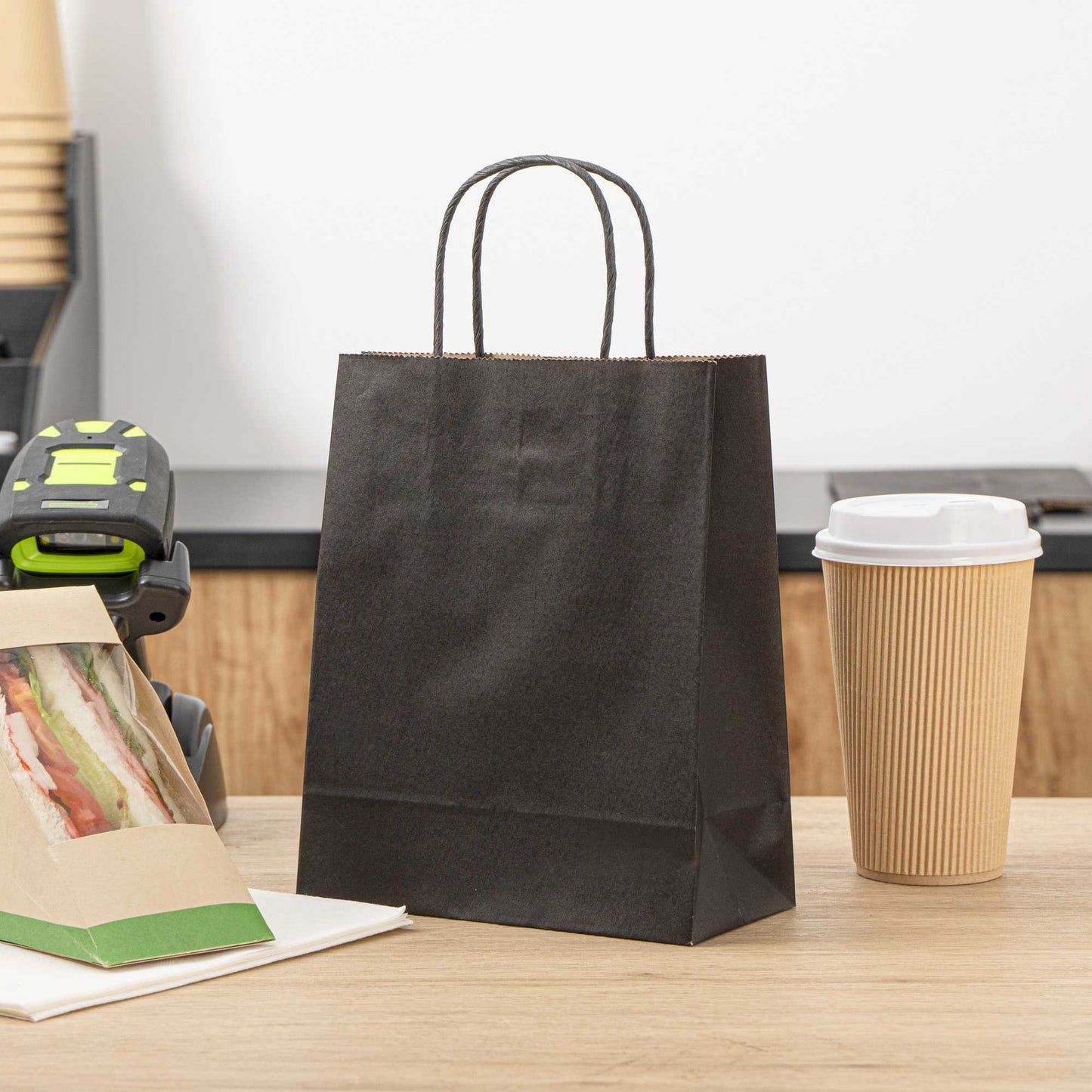 Saving Nature Black Paper Retail Bag - with Handles - 7" x 3 1/4" x 8 1/2" - 100 count box