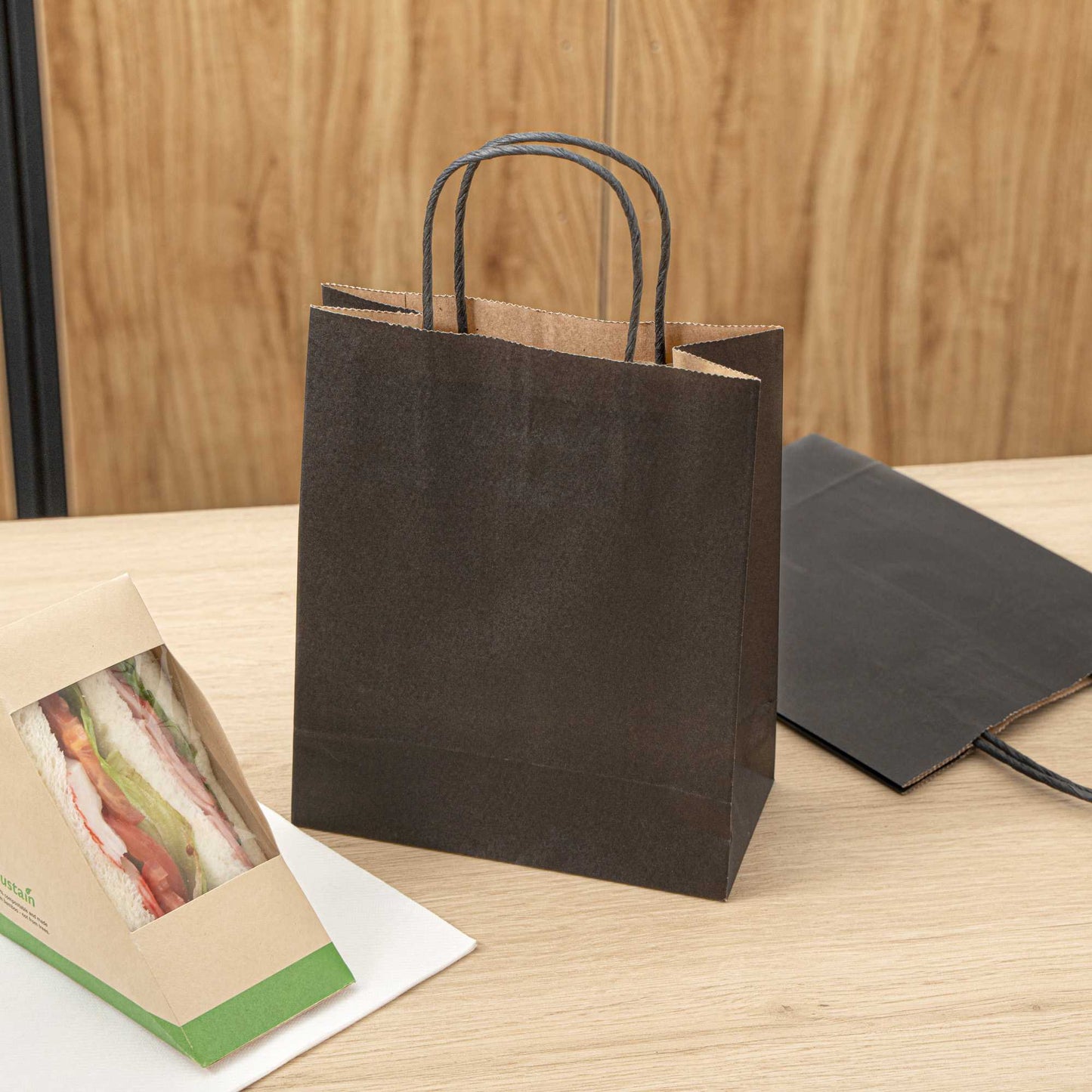 Saving Nature Black Paper Retail Bag - with Handles - 7" x 3 1/4" x 8 1/2" - 100 count box