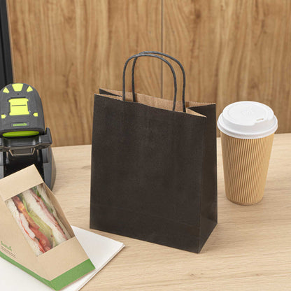 Saving Nature Black Paper Retail Bag - with Handles - 7" x 3 1/4" x 8 1/2" - 100 count box