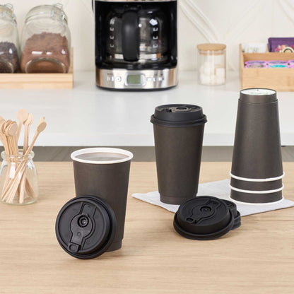 Restpresso Black Plastic 2-in-1 Straw or Sippy Coffee Cup Lid - with Detachable Double Plug, Fits 8, 12, 16 and 20 oz - 500 count box