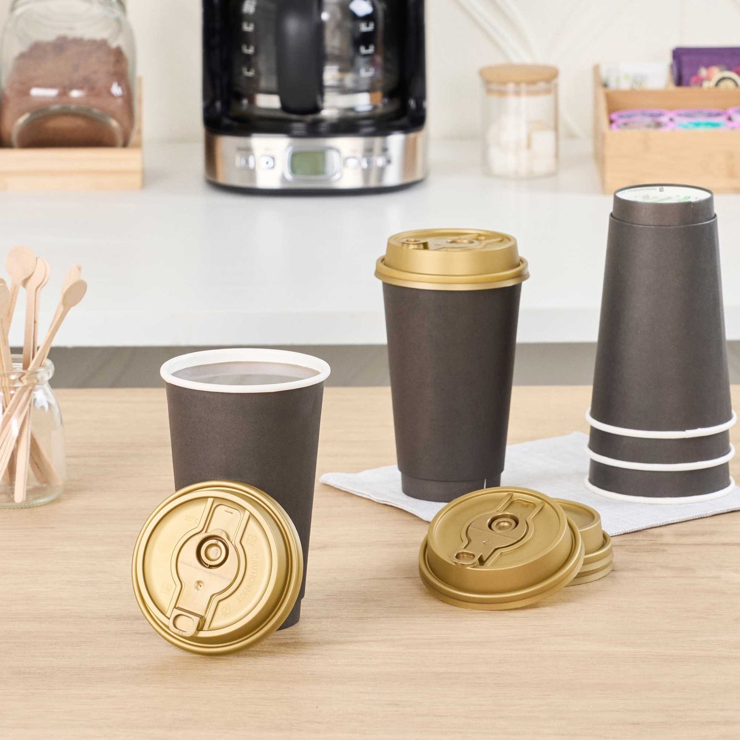 Restpresso Gold Plastic 2-in-1 Straw or Sippy Coffee Cup Lid - with Detachable Double Plug, Fits 8, 12, 16 and 20 oz - 25 count box