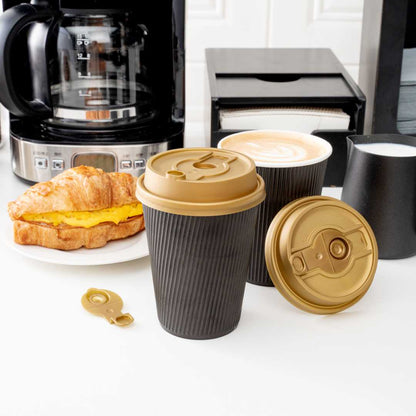 Restpresso Gold Plastic 2-in-1 Straw or Sippy Coffee Cup Lid - with Detachable Double Plug, Fits 8, 12, 16 and 20 oz - 25 count box