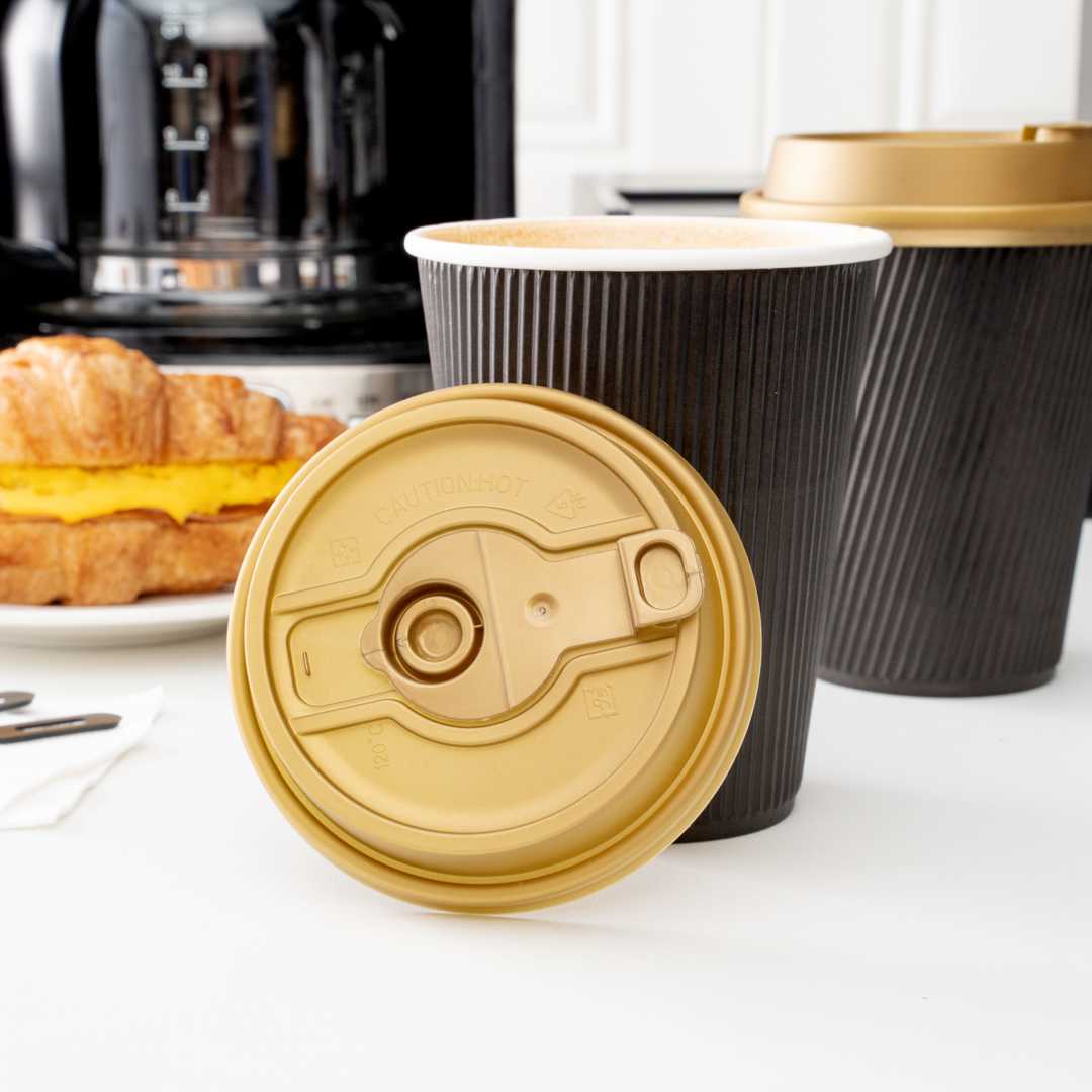 Restpresso Gold Plastic 2-in-1 Straw or Sippy Coffee Cup Lid - with Detachable Double Plug, Fits 8, 12, 16 and 20 oz - 25 count box