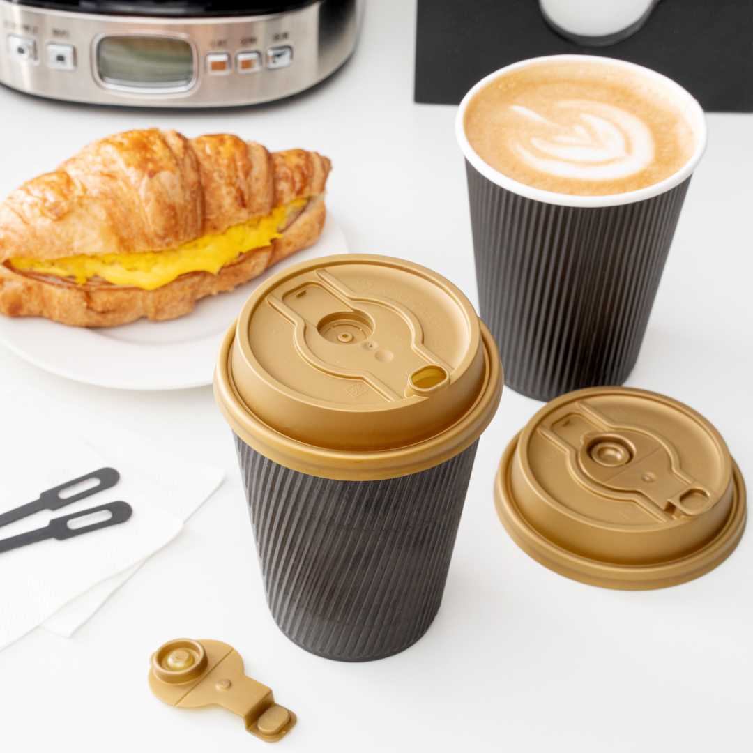 Restpresso Gold Plastic 2-in-1 Straw or Sippy Coffee Cup Lid - with Detachable Double Plug, Fits 8, 12, 16 and 20 oz - 500 count box