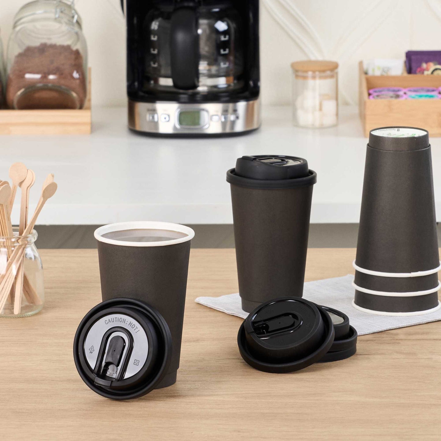 Restpresso Black Plastic Coffee Cup Lid - with Detachable Plug, Fits 8, 12, 16 and 20 oz - 25 count box