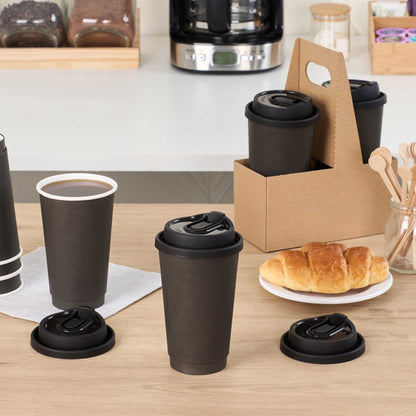 Restpresso Black Plastic Coffee Cup Lid - with Detachable Plug, Fits 8, 12, 16 and 20 oz - 25 count box